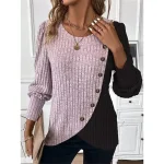 Women's Shirt Blouse Color Block Casual Pink Blue Gray Button Long Sleeve Fashion Round Neck Regular Fit Fall & Winter
