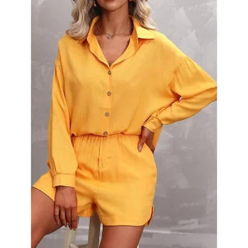 Shirt Set Women's Yellow Orange Plain Button 2 Piece Street Daily Fashion Shirt Collar Regular Fit S